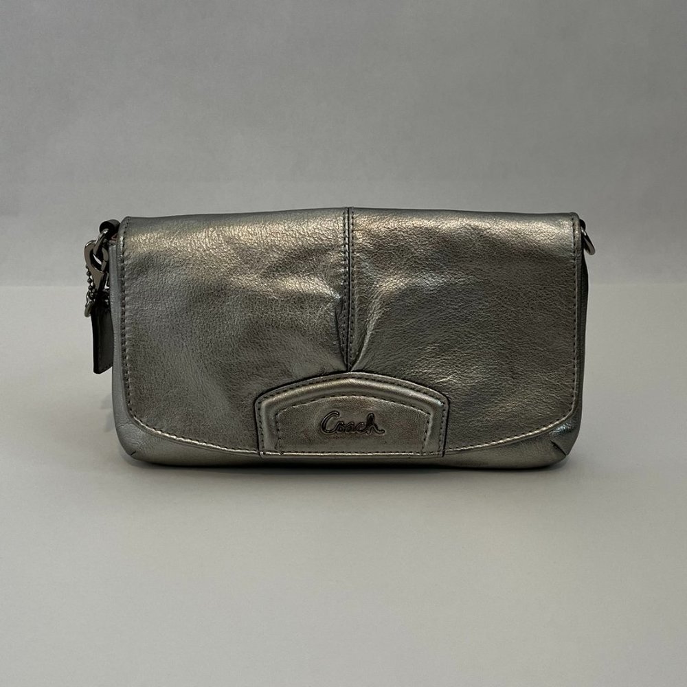 Coach Ashley Pleated Metallic Silver Clutch Wristlet Evening Mini Bag